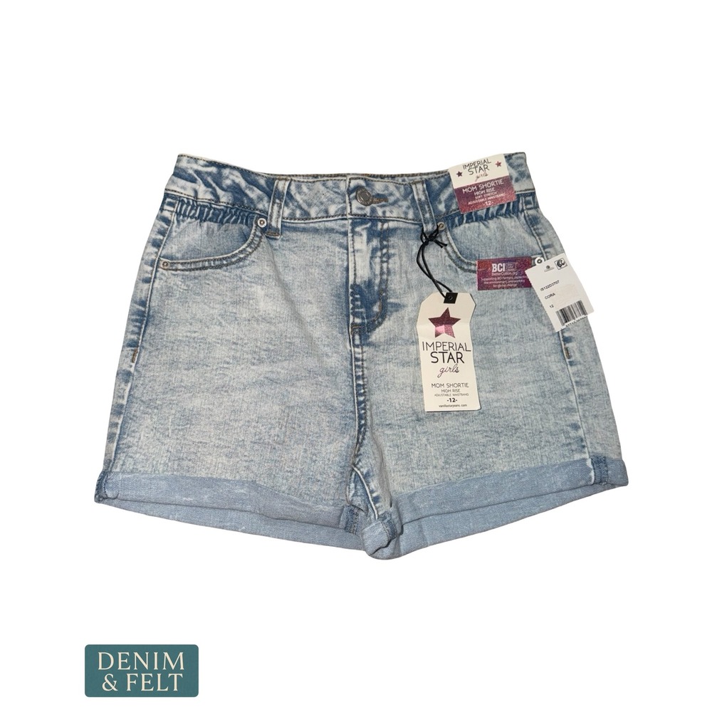 NEW Imperial Star Girls Mom Shortie High Rise Acid Wash Denim Shorts Size 12
